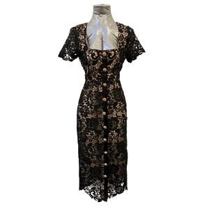 Rachel Parcell Black Lace Midi Dress Button Down Square Neck Tan Womens Size 0